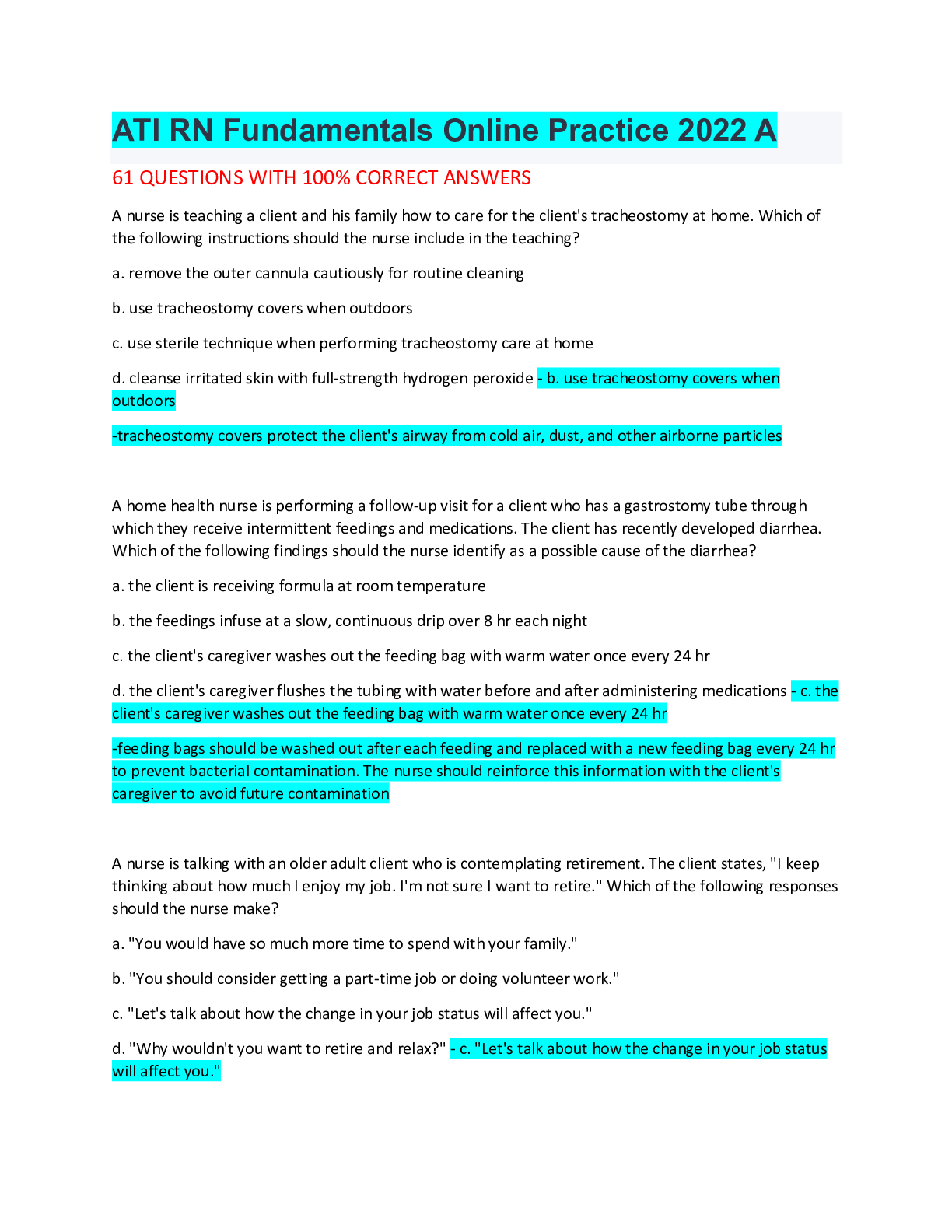 Preview of ATI RN Fundamentals Online Practice 2022 A 61 QUESTIONS WITH 100% CORRECT ANSWERS